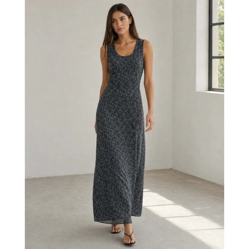 Banana Republic Sz 8 Gray 100% Silk Leaf Maxi Sheath Dress Sleeveless Back Slit - Picture 1 of 12